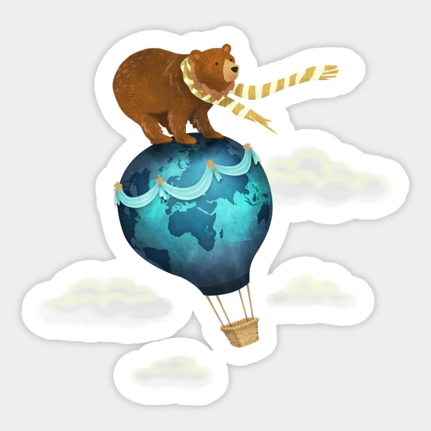 The Traveller - Brown Bear on Hot Air Ballon Sticker by DearTreehouse